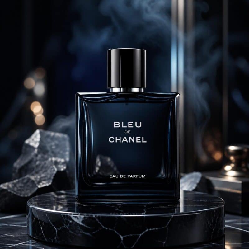 Bleu de Chanel perfume bottle with the brand name clearly