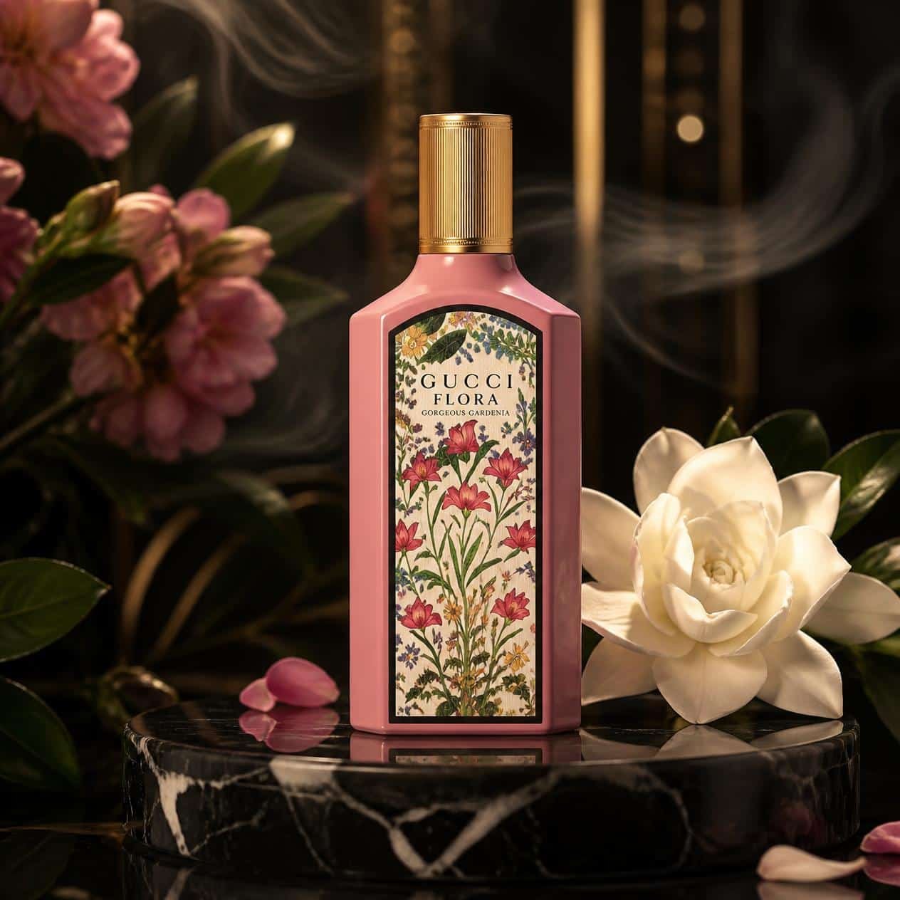 Gucci Flora Gorgeous Gardenia perfume bottle in a luxury